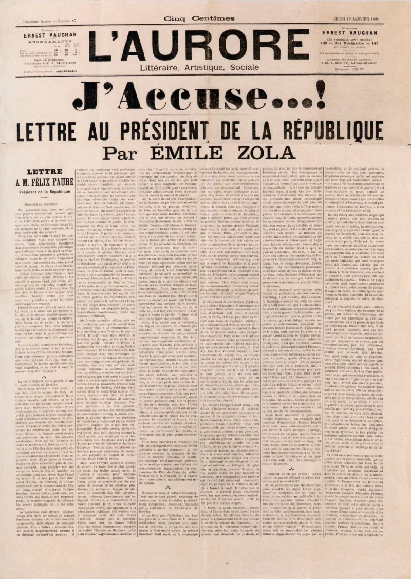 Émile Zola, « J'Accuse... ! », L'Aurore, 13 janvier 1898. © mahJ/Christophe Fouin